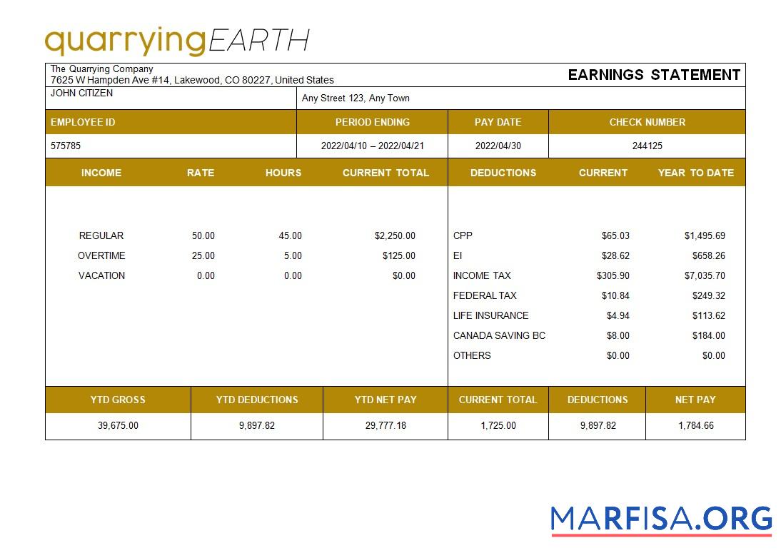 Realistic Quarrying company fully editable paystub example